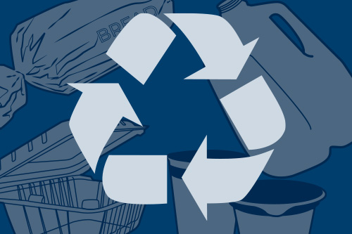 An Illustration of the recycle symbol overlayed on recyclable plastics